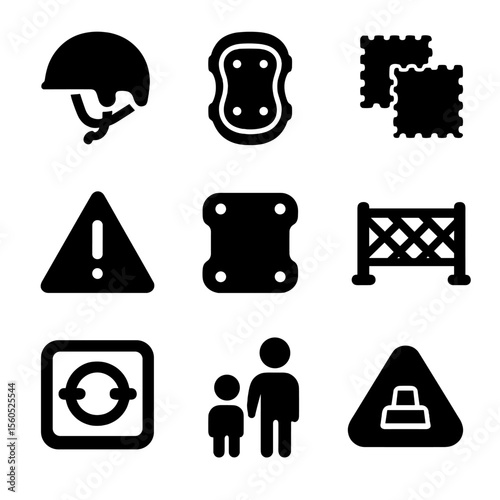 Bounce Safety Icons. Solid, filled icon set of bounce safety: helmet icon, knee pad, floor padding, warning sign, protective gear,