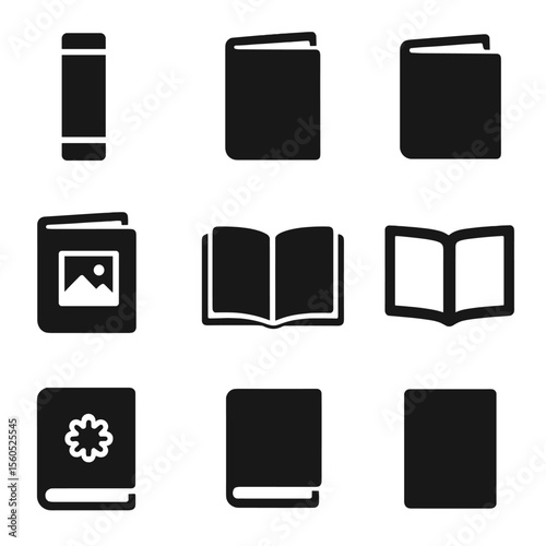 Book Component Icons. Solid, filled icon set of hardcover book components: spine, dust jacket, bookmark ribbon, cover art,