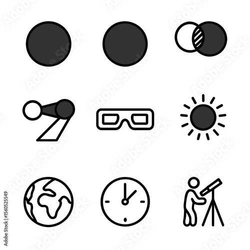 Eclipse Icon Set. Outline icon set of Solar and Lunar Eclipses: solar eclipse silhouette, lunar eclipse silhouette, penumbra zone,