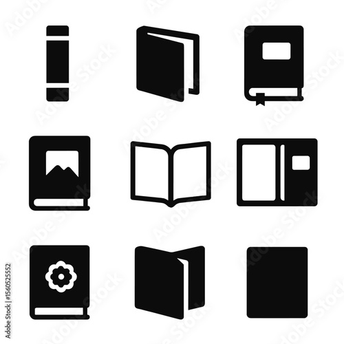 Book Component Icons. Solid, filled icon set of hardcover book components: spine, dust jacket, bookmark ribbon, cover art,