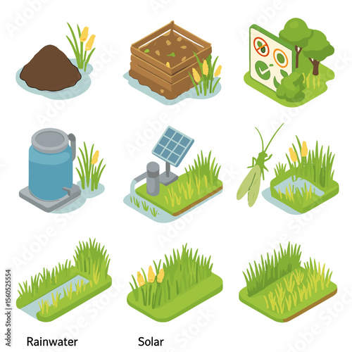 Eco-Friendly Rice Farming Icons. Isometric Flat icon set of eco-friendly rice farming: organic fertilizer pile, compost heap,