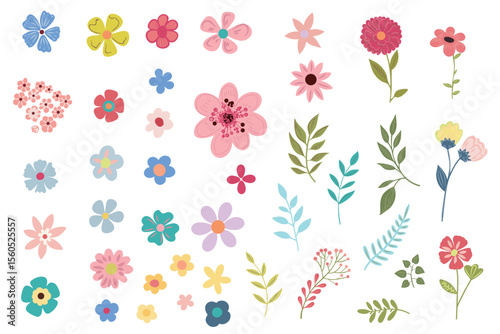 Collection of vector liberty flowers in soft colorful tones. Liberty style millefleurs. Trendy floral design