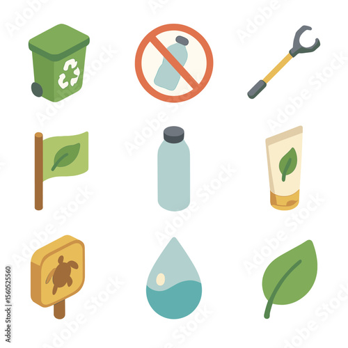 Eco-Friendly Icons Grid. Isometric Flat icon set of paddleboarding environmental awareness: recycling bin, no plastic sign, trash