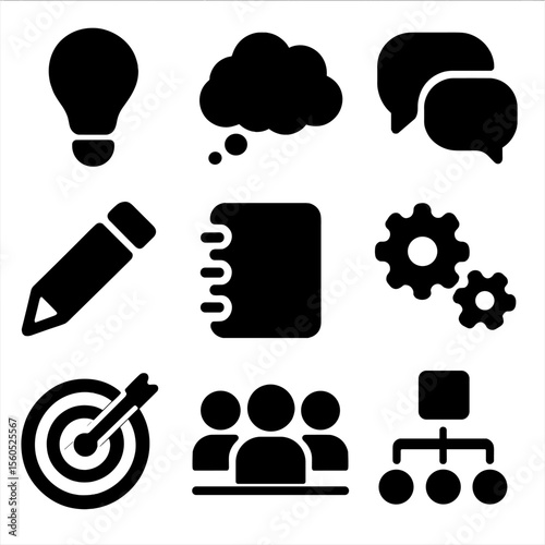 Brainstorming Icon Grid. Solid, filled icon set of brainstorming ideas process: lightbulb, thought cloud, speech bubbles, pencil,