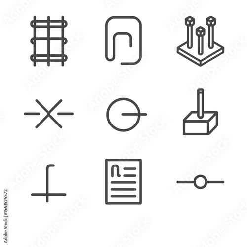 Column Reinforcement Icons. Outline icon set of column reinforcement detailing: rebar cage, stirrup tie, anchor bolt cluster, lap