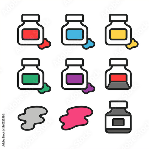 Colored Ink Icon Grid. Outline icon set of colored ink bottles and swatches: primary red ink bottle, cobalt blue ink bottle, lemon