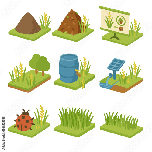 Eco-Friendly Rice Farming Icons. Isometric Flat icon set of eco-friendly rice farming: organic fertilizer pile, compost heap,