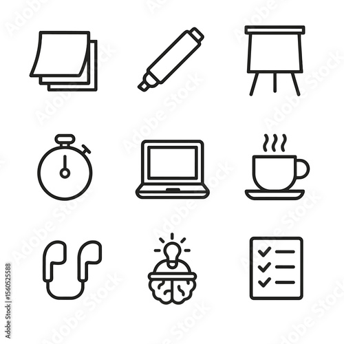 Brainstorming Tools Icons. Outline icon set of brainstorming tools: sticky note stack, whiteboard marker, flipchart, timer, laptop