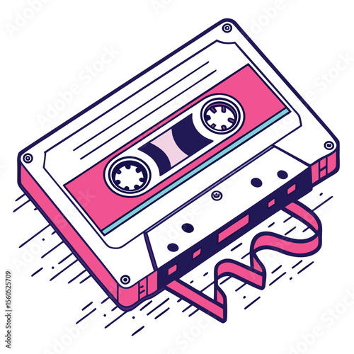 Isometric illustration of a vintage audio cassette tape with pink details and loose tape strands
