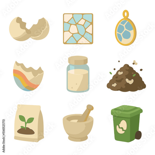 Eggshell Crafting Icons. Isometric Flat icon set of eggshell crafting and composting: cracked eggshell, mosaic tile, jewelry