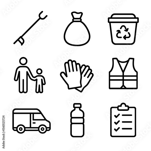 Community Cleanup Icon Set. Outline icon set of family community cleanup: litter grabber, trash bag, recycling bin, parent child