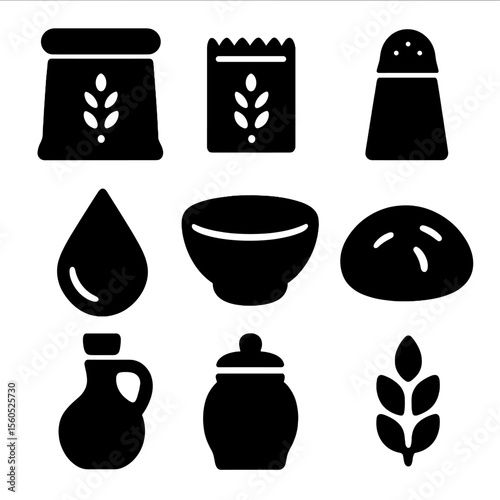 Bread Ingredients Icons. Solid, filled icon set of ingredients for fresh bread: flour bag, yeast packet, salt shaker, water