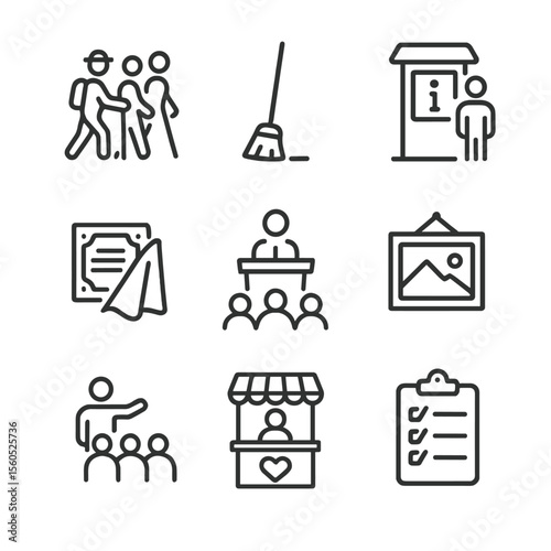 Community Engagement Icons. Outline icon set of community engagement: heritage walking group, volunteer cleanup broom, info kiosk,