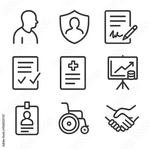Elder Law Icons. Outline icon set of elder law nonprofit programs: elder silhouette, guardian protector icon, will document, power