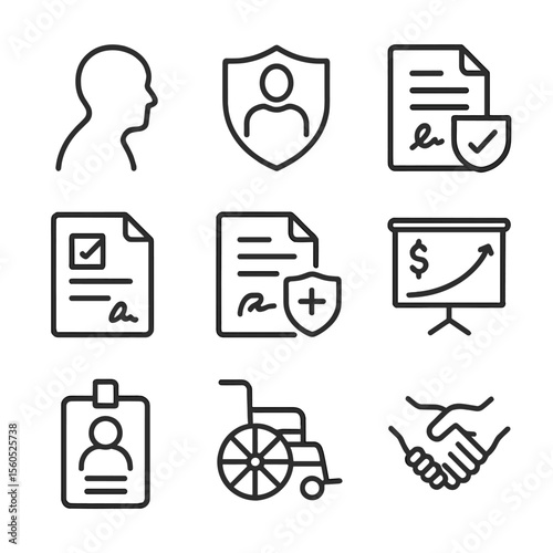 Elder Law Icons. Outline icon set of elder law nonprofit programs: elder silhouette, guardian protector icon, will document, power