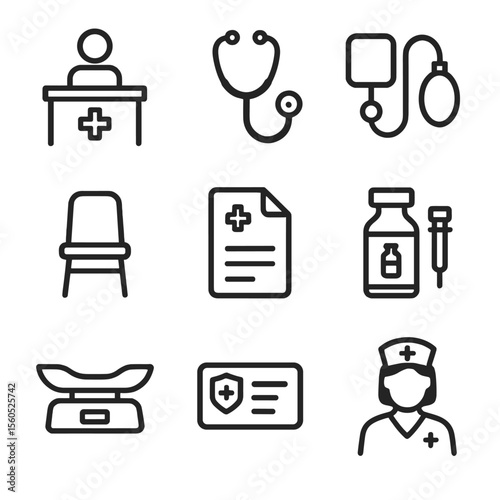 Community Health Icons. Outline icon set of community health clinics: registration desk, stethoscope, blood pressure cuff, waiting