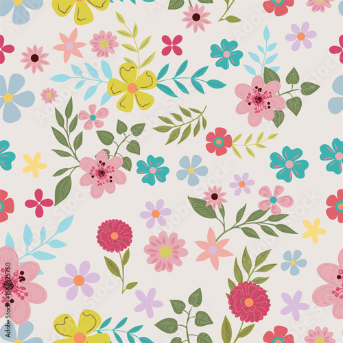 Fashion liberty pink and blue flowers rustic vector pattern for textile, wallpapers. A lot of different flowers on the field
