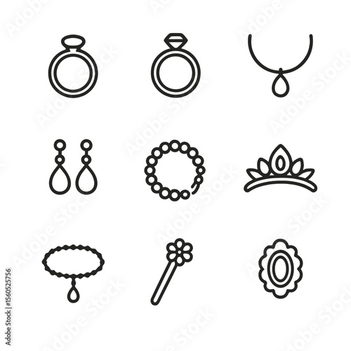 Bridal Jewelry Icons. Outline icon set of bridal jewelry ensemble: wedding ring, engagement ring, necklace, earrings, bracelet,