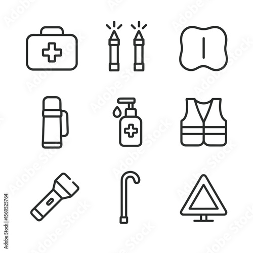 Elderly Road Safety Icons. Outline icon set of road safety and comfort for elders: first aid kit, emergency flares, comfortable