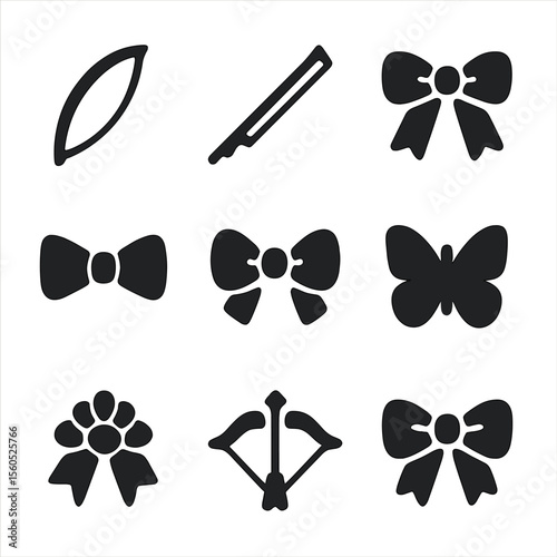 Bow Icons Collection. Solid, filled icon set of bow types: archery bow, violin bow, ribbon bow, bow tie, hair bow, butterfly bow,