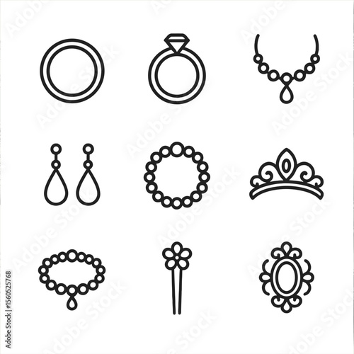 Bridal Jewelry Icons. Outline icon set of bridal jewelry ensemble: wedding ring, engagement ring, necklace, earrings, bracelet,
