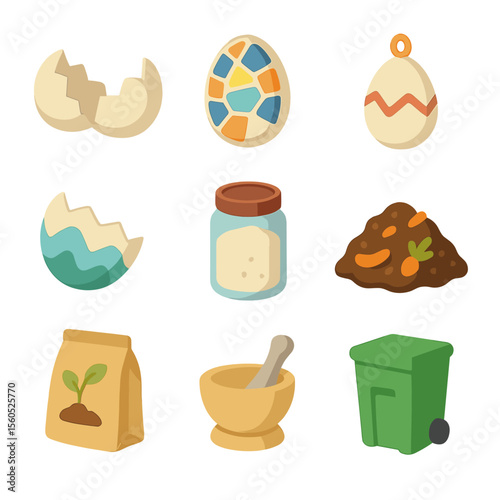 Eggshell Crafting Icons. Isometric Flat icon set of eggshell crafting and composting: cracked eggshell, mosaic tile, jewelry