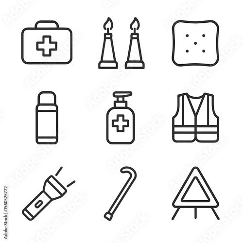 Elderly Road Safety Icons. Outline icon set of road safety and comfort for elders: first aid kit, emergency flares, comfortable