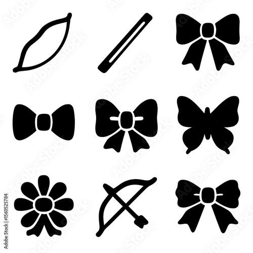 Bow Icons Collection. Solid, filled icon set of bow types: archery bow, violin bow, ribbon bow, bow tie, hair bow, butterfly bow,