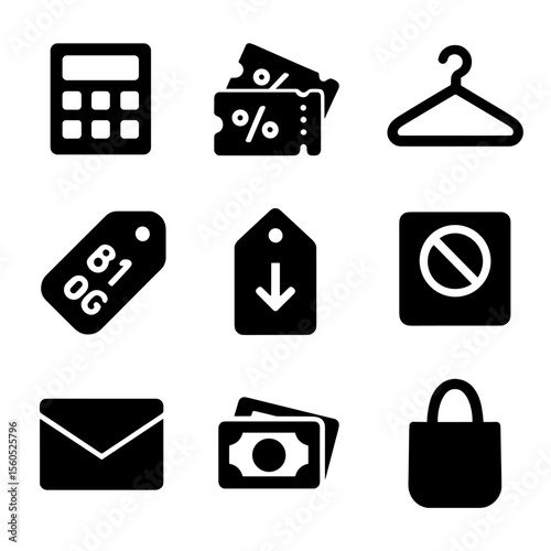 Budget Shopping Icons. Solid, filled icon set of budget shopping adventure: calculator icon, discount coupons, thrift store hanger