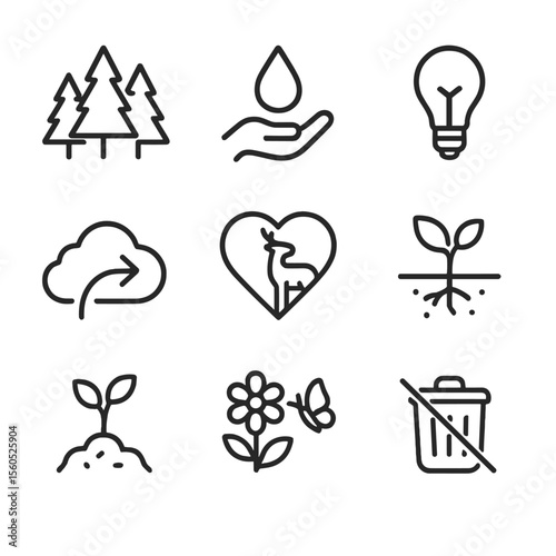 Conservation Benefits Icons. Outline icon set of conservation benefits: forest preservation, water savings, energy reduction,
