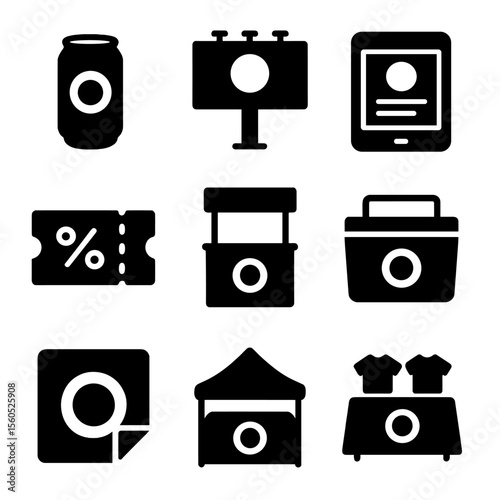 Branding Icon Set. Solid, Filled icon set of branding and promotion: can mockup, billboard ad, social media icon, promotional