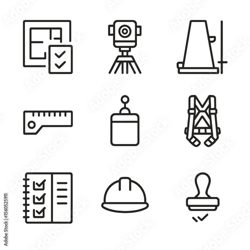 Construction Icons Set. Outline icon set of construction inspection checklist: blueprint sheet, laser level, concrete slump cone,