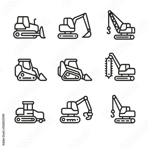 Construction Machinery Icons. Outline icon set of construction machines with crawler tracks: bulldozer, hydraulic excavator,