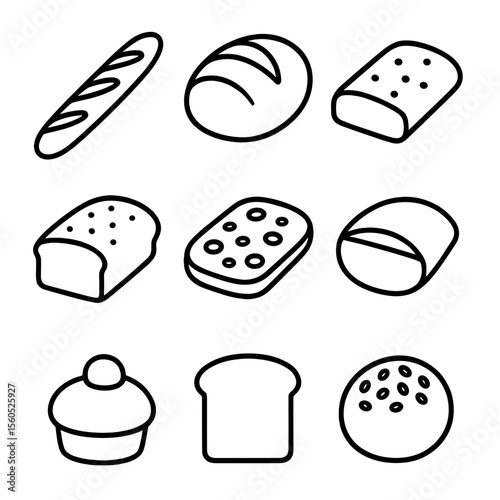 Bread Icon Set. Outline icon set of bread varieties: baguette, sourdough loaf, ciabatta, rye bread, focaccia, pita pocket, brioche