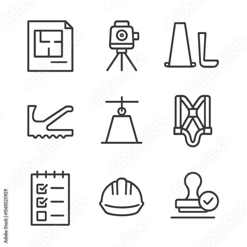 Construction Inspection Icons. Outline icon set of construction inspection checklist: blueprint sheet, laser level, concrete slump