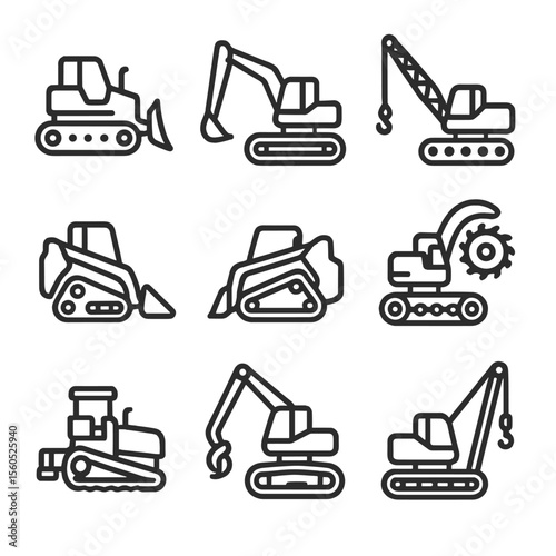 Construction Machinery Icons. Outline icon set of construction machines with crawler tracks: bulldozer, hydraulic excavator,