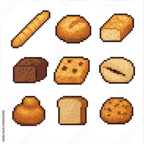 Bread Icon Set. Pixel art icon set of bread varieties: baguette, sourdough loaf, ciabatta, rye bread, focaccia, pita pocket,