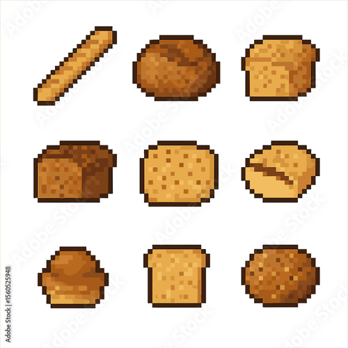 Bread Icon Set. Pixel art icon set of bread varieties: baguette, sourdough loaf, ciabatta, rye bread, focaccia, pita pocket,