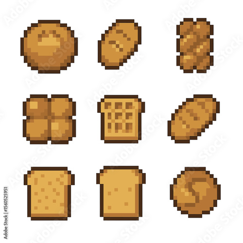 Bread Icon Set. Pixel art icon set of bread shapes and cuts: round boule, oval bâtard, braided loaf, pull-apart rolls, waffle-cut