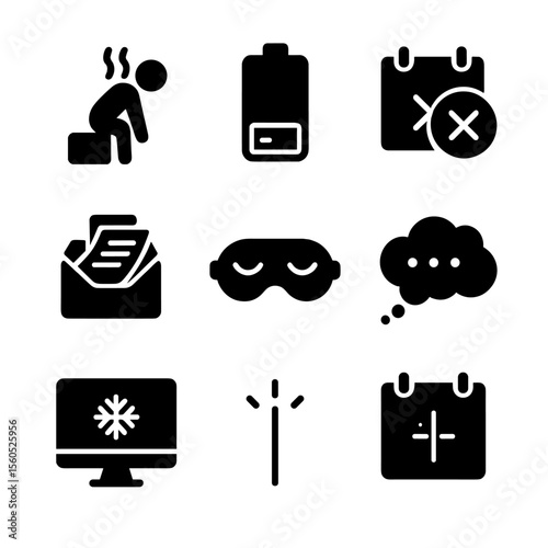 Burnout Icons Grid. Solid, filled icon set of modern burnout signs: slumped figure, fatigue icon, crossed calendar, canceled plans
