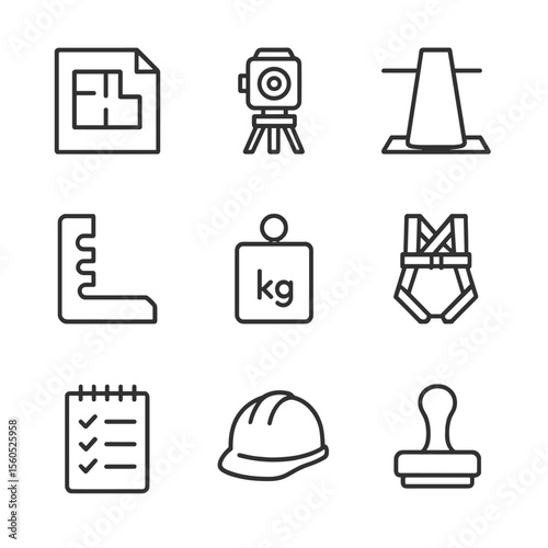 Construction Inspection Icons. Outline icon set of construction inspection checklist: blueprint sheet, laser level, concrete slump