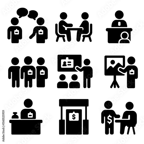 Business Card Icons. Solid, filled icon set of business card usage scenarios: networking event, client meeting, job interview,