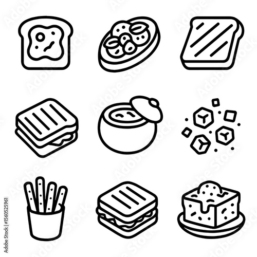 Bread Icon Set. Outline icon set of bread serving ideas: toast with jam, bruschetta, garlic bread, grilled sandwich, bread bowl