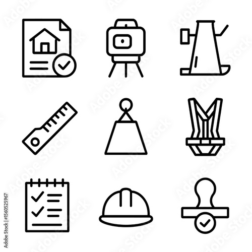 Construction Icons Set. Outline icon set of construction inspection checklist: blueprint sheet, laser level, concrete slump cone,
