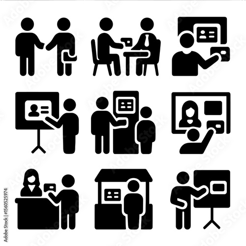 Business Card Icons. Solid, filled icon set of business card usage scenarios: networking event, client meeting, job interview,