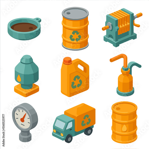 Engine Oil Recycling Icons. Isometric Flat icon set of engine oil recycling: oil drain pan, collection drum, filter press,