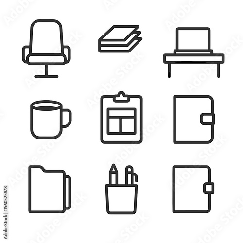 Empty Defense Counsel Icons. Outline icon set of Empty Defense Counsel Table: attorney chair, legal brief stack, laptop on table,