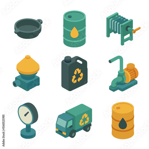 Engine Oil Recycling Icons. Isometric Flat icon set of engine oil recycling: oil drain pan, collection drum, filter press,