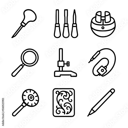 Engraving Tools Icons. Outline icon set of engraving tools and techniques: burin, gravers, engraving block, magnifying loupe,