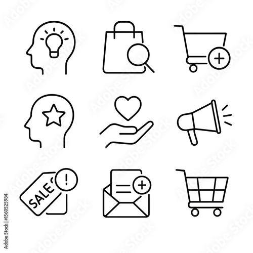 Consumer Journey Icons. Outline icon set of consumer buying decision journey: awareness stage icon, consideration stage icon,